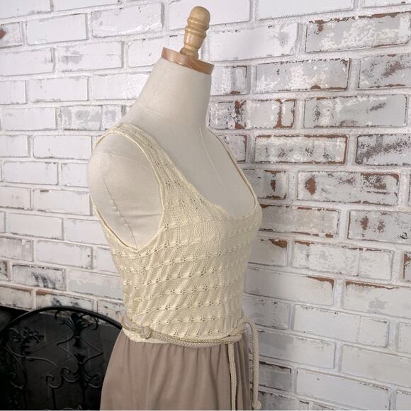Vintage 70s Crochet Top Cream & Tan Metallic Rope Belt Pull On Midi Dress 6 - Picture 6 of 12